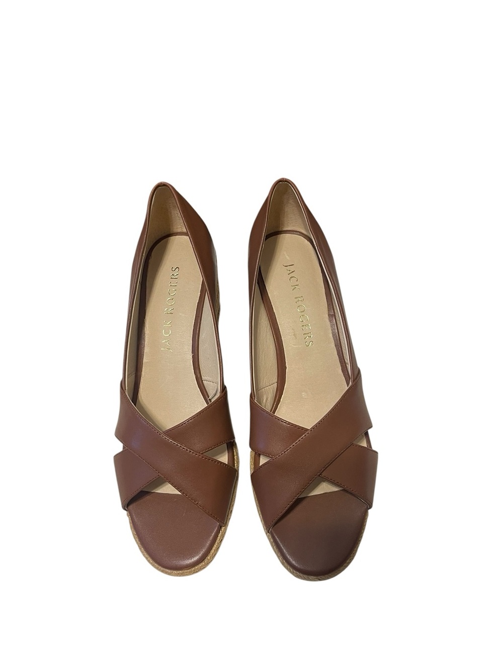 Jack Rogers Brown Leather Crisscross Wedge Espadrille Sandal Preppy sz 9 NIB